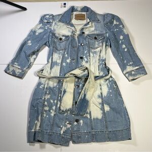 Retrofête Medium Bleach Wash Denim Jacket Belted Puff Sleeve Statement Cotton